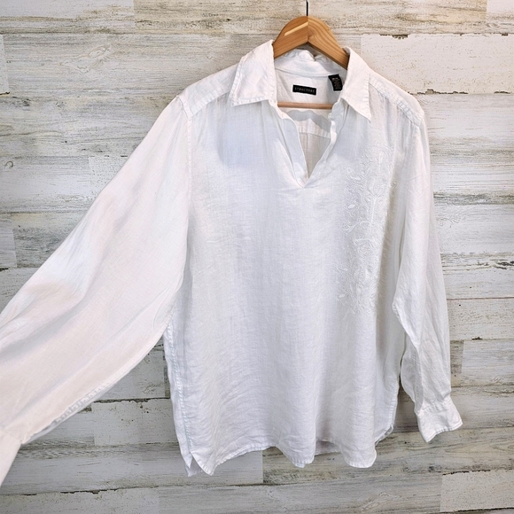 Structure 100% Linen Oversized Embroidered V-Neck Shirt Medium White Minimalist - Picture 6 of 13